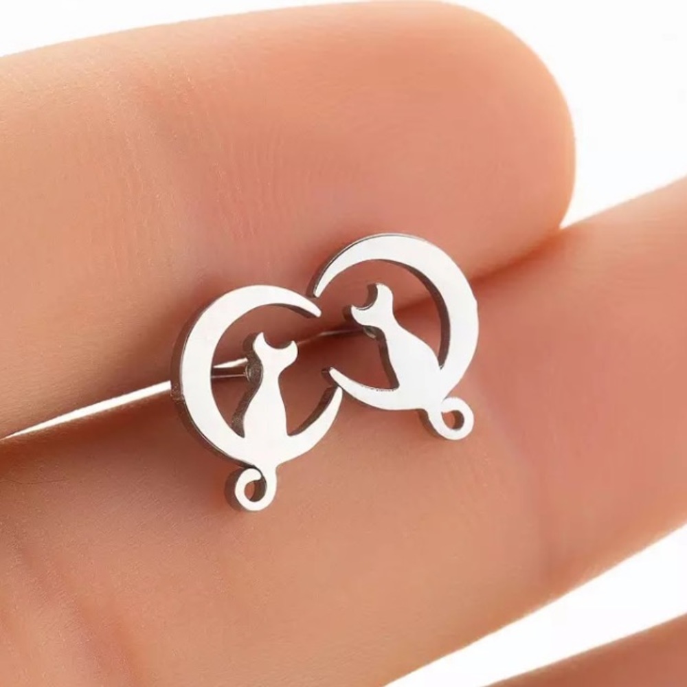🎉 New Stainless steel silver cat & moon stud earrings